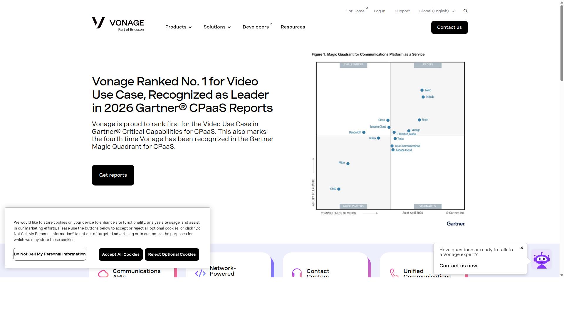 Vonage Communications APIs website